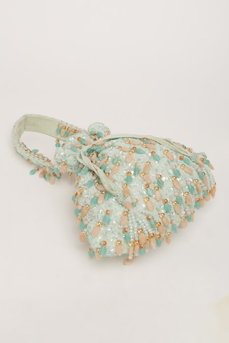 Eena_Blue Crystal Avelia Sitara And Bead Embroidered Potli Bag _at_Aza_Fashions