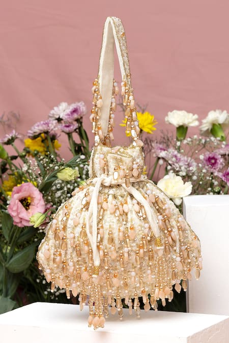 EENA Beige Crystal Avelia Sitara And Bead Embroidered Potli Bag 