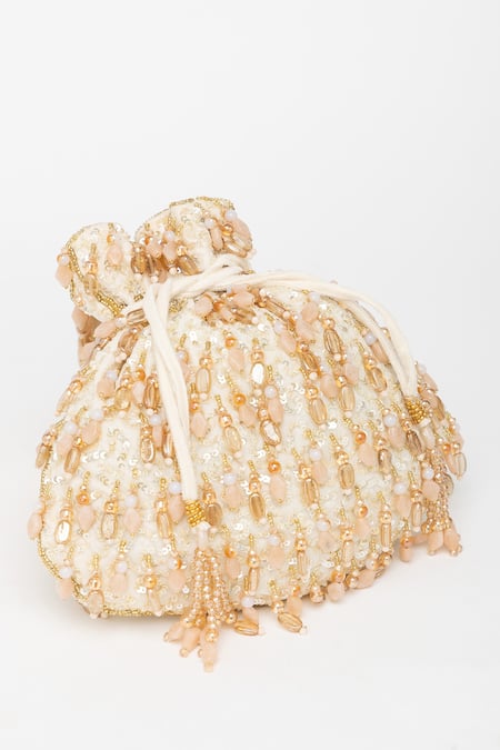 Eena_Beige Crystal Avelia Sitara And Bead Embroidered Potli Bag _at_Aza_Fashions