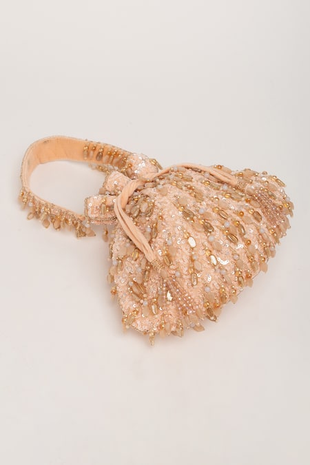 Eena_Peach Crystal Avelia Sitara Embroidered Potli Bag _at_Aza_Fashions