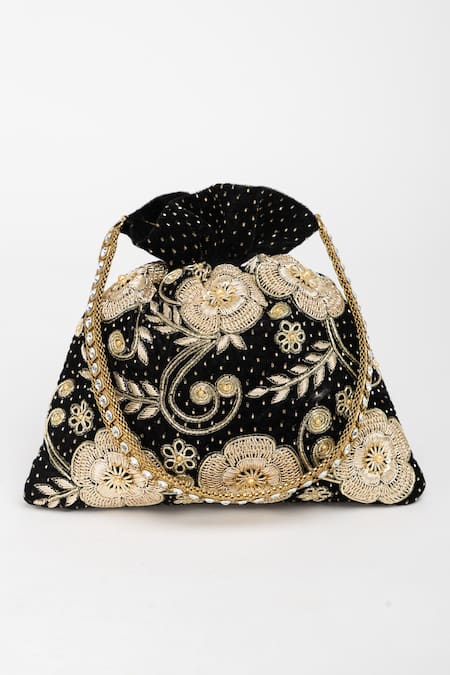 Eena_Black Pearl Jagavi Floral Embroidered Potli Bag _Online_at_Aza_Fashions