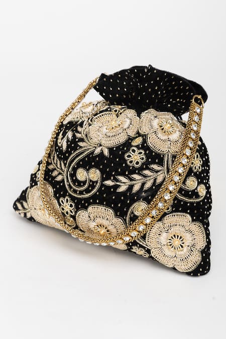 Buy_Eena_Black Pearl Jagavi Floral Embroidered Potli Bag _Online_at_Aza_Fashions