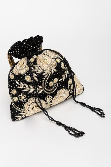 Shop_Eena_Black Pearl Jagavi Floral Embroidered Potli Bag _Online_at_Aza_Fashions