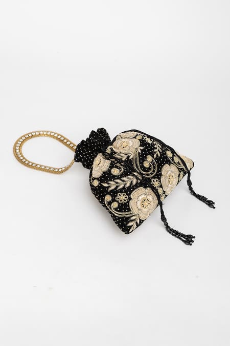 Eena_Black Pearl Jagavi Floral Embroidered Potli Bag _at_Aza_Fashions