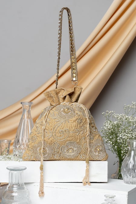Eena_Gold Pearl Jagavi Floral Zardosi Embroidered Potli Bag _Online_at_Aza_Fashions
