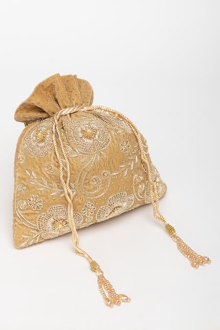 Eena_Gold Pearl Jagavi Floral Zardosi Embroidered Potli Bag _at_Aza_Fashions