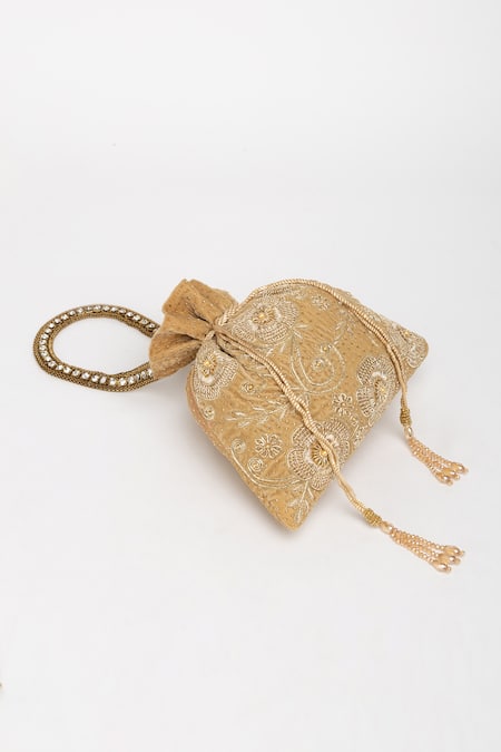 Buy_Eena_Gold Pearl Jagavi Floral Zardosi Embroidered Potli Bag 