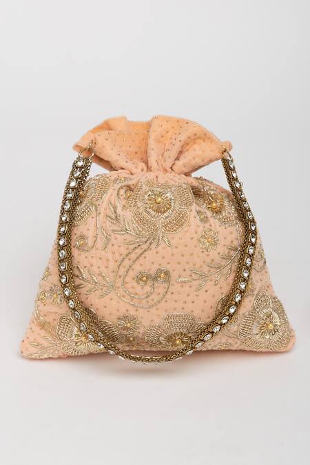 Eena_Peach Pearl Jagavi Floral Zardosi And Crystal Embroidered Potli Bag_Online_at_Aza_Fashions