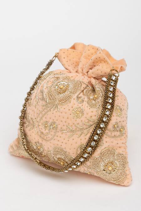Buy_Eena_Peach Pearl Jagavi Floral Zardosi And Crystal Embroidered Potli Bag_Online_at_Aza_Fashions