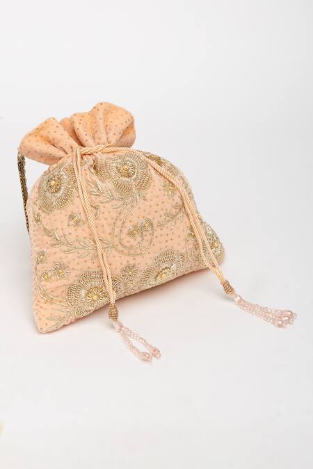 Shop_Eena_Peach Pearl Jagavi Floral Zardosi And Crystal Embroidered Potli Bag_Online_at_Aza_Fashions
