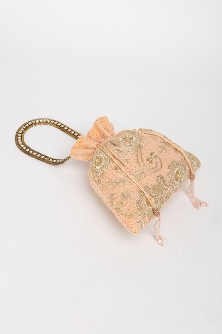 Eena_Peach Pearl Jagavi Floral Zardosi And Crystal Embroidered Potli Bag_at_Aza_Fashions