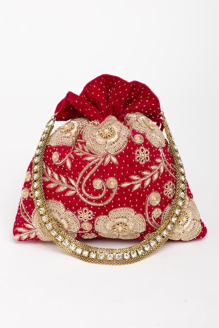 Eena_Red Pearl Velvet Floral Embroidered Potli Bag _Online_at_Aza_Fashions