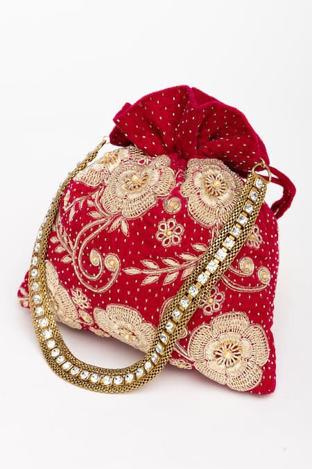 Buy_Eena_Red Pearl Velvet Floral Embroidered Potli Bag _Online_at_Aza_Fashions