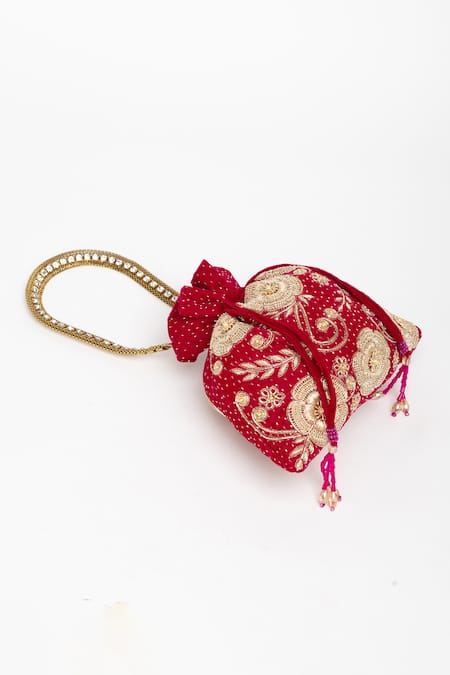 Eena_Red Pearl Velvet Floral Embroidered Potli Bag _at_Aza_Fashions