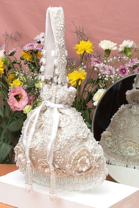 Eena_White Sequin Nitara Floral Embroidered Potli Bag _Online_at_Aza_Fashions