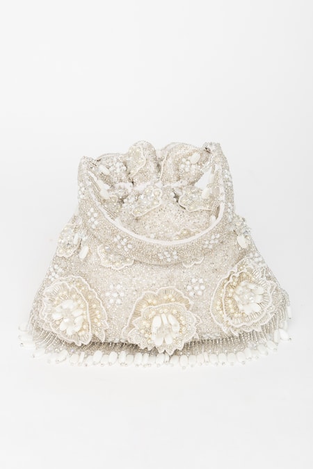 Buy_Eena_White Sequin Nitara Floral Embroidered Potli Bag _Online_at_Aza_Fashions