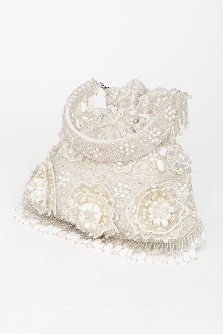 Shop_Eena_White Sequin Nitara Floral Embroidered Potli Bag _Online_at_Aza_Fashions