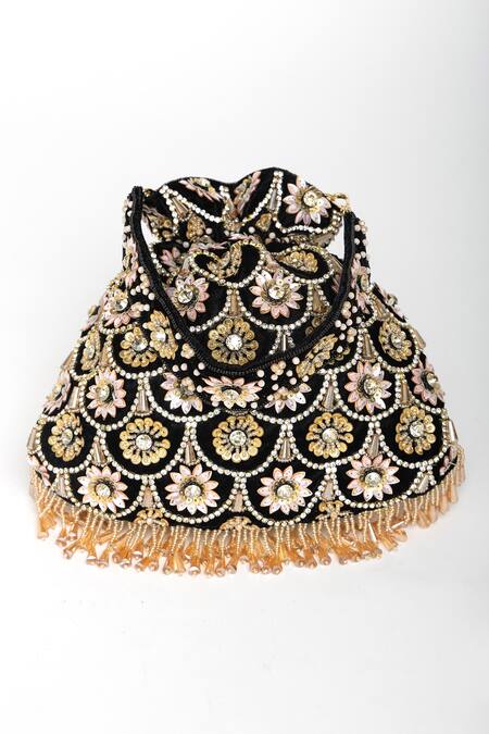 Eena_Black Tassels Oishi Velvet Floral Motif Embroidered Bag _Online_at_Aza_Fashions
