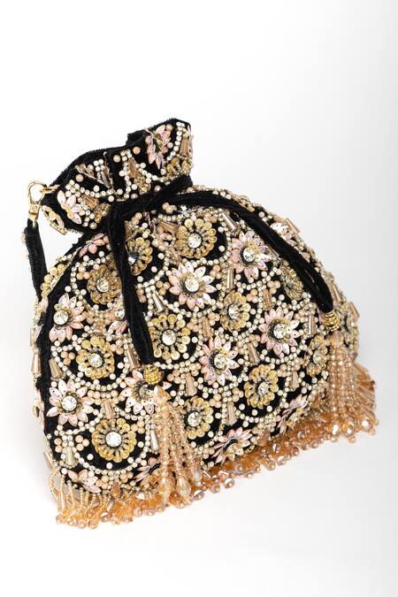 Shop_Eena_Black Tassels Oishi Velvet Floral Motif Embroidered Bag _Online_at_Aza_Fashions