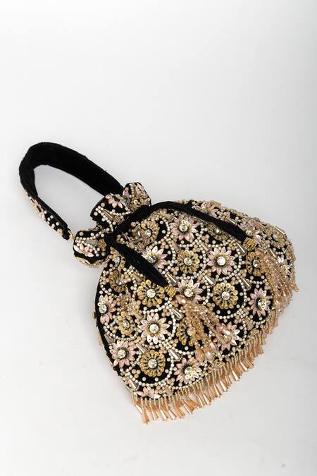 Eena_Black Tassels Oishi Velvet Floral Motif Embroidered Bag _at_Aza_Fashions