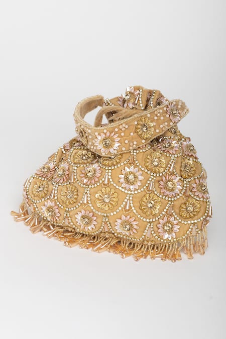 Buy_Eena_Gold Tassels Oishi Velvet Floral Motif Work Potli Bag _Online_at_Aza_Fashions