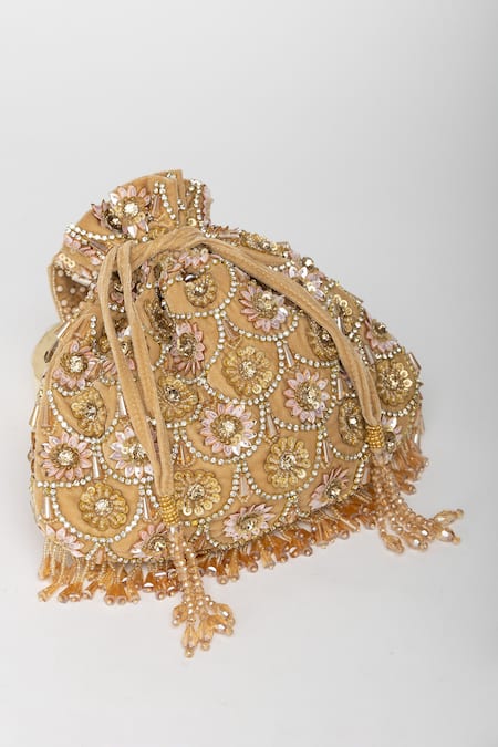 Shop_Eena_Gold Tassels Oishi Velvet Floral Motif Work Potli Bag _Online_at_Aza_Fashions