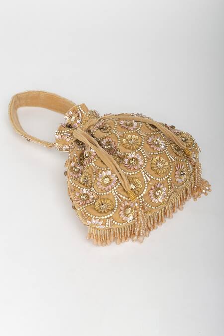 Eena_Gold Tassels Oishi Velvet Floral Motif Work Potli Bag _at_Aza_Fashions