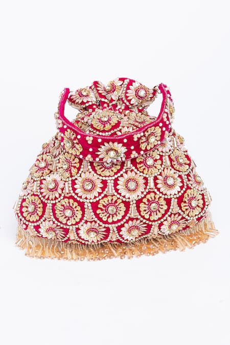 Eena_Magenta Tassels Oishi Velvet Floral Work Potli Bag _Online_at_Aza_Fashions