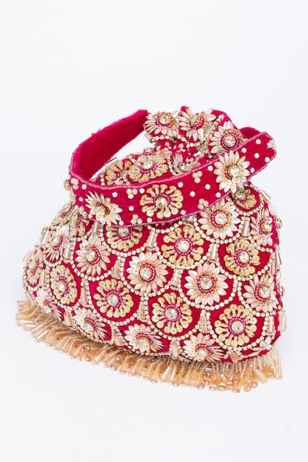 Buy_Eena_Magenta Tassels Oishi Velvet Floral Work Potli Bag _Online_at_Aza_Fashions