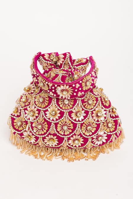 Eena_Purple Tassels Oishi Floral Motif Work Potli Bag _Online_at_Aza_Fashions