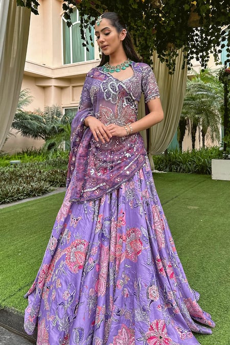 Mahima Mahajan Purple Organza Printed Floral Scoop And Embroidered Lehenga Set 