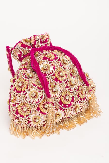 Shop_Eena_Purple Tassels Oishi Floral Motif Work Potli Bag _Online_at_Aza_Fashions