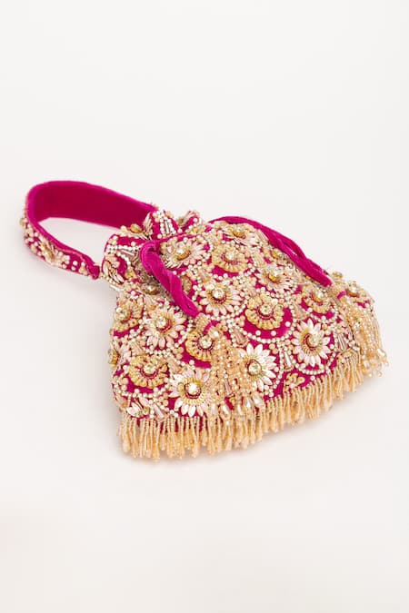Eena_Purple Tassels Oishi Floral Motif Work Potli Bag _at_Aza_Fashions
