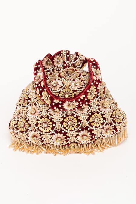 Eena Red Tassels Oishi Floral Embroidered Potli Bag Online at Aza Fashions Eena_Red Tassels Oishi Floral Embroidered Potli Bag _Online_at_Aza_Fashions