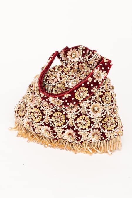 Buy Eena Red Tassels Oishi Floral Embroidered Potli Bag Online at Aza Fashions Buy_Eena_Red Tassels Oishi Floral Embroidered Potli Bag _Online_at_Aza_Fashions