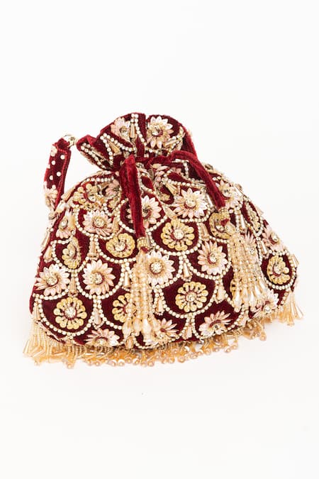 Shop Eena Red Tassels Oishi Floral Embroidered Potli Bag Online at Aza Fashions Shop_Eena_Red Tassels Oishi Floral Embroidered Potli Bag _Online_at_Aza_Fashions