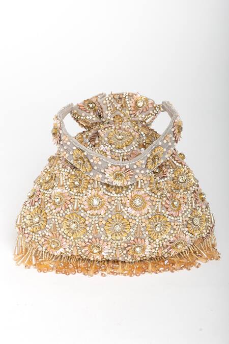 Eena_Silver Tassels Oishi Velvet Floral Motif Work Potli Bag _Online_at_Aza_Fashions