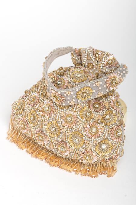 Buy_Eena_Silver Tassels Oishi Velvet Floral Motif Work Potli Bag _Online_at_Aza_Fashions