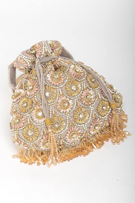 Shop_Eena_Silver Tassels Oishi Velvet Floral Motif Work Potli Bag _Online_at_Aza_Fashions