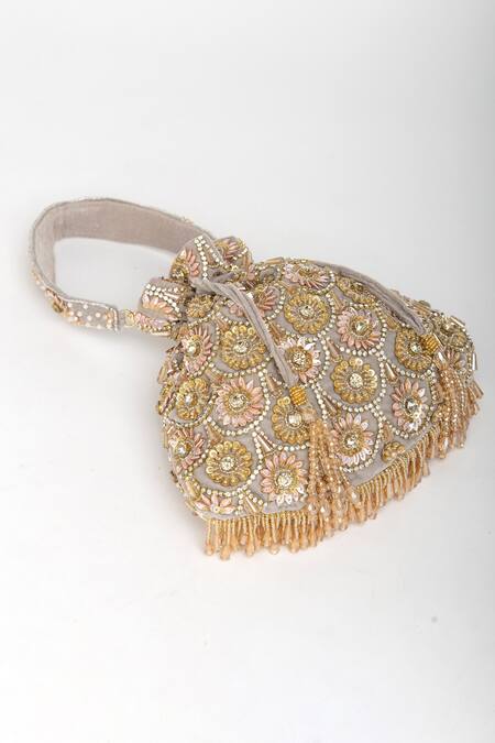 Eena_Silver Tassels Oishi Velvet Floral Motif Work Potli Bag _at_Aza_Fashions