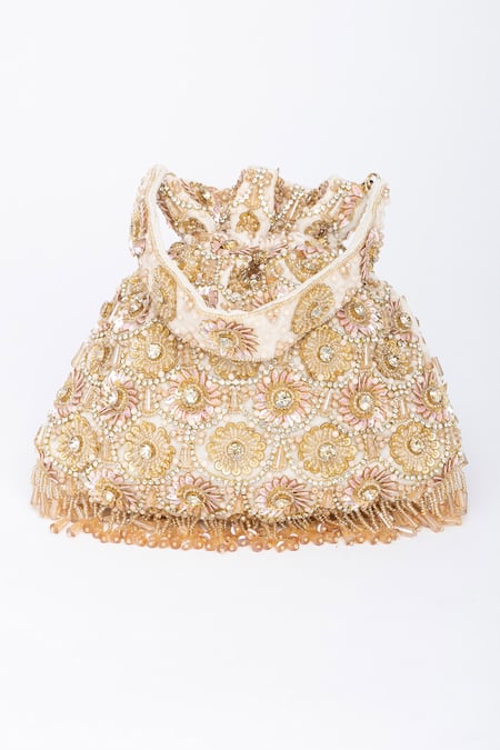 Eena White Crystals, Tassels Oishi Velvet Embroidered Potli Bag Online at Aza Fashions Eena_White Crystals, Tassels Oishi Velvet Embroidered Potli Bag _Online_at_Aza_Fashions