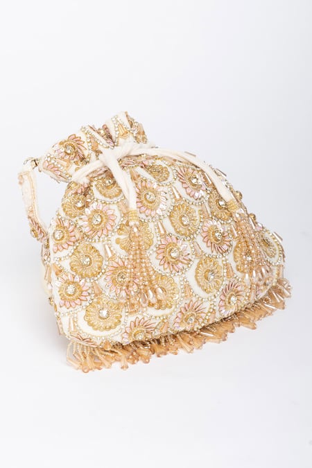 Shop Eena White Crystals, Tassels Oishi Velvet Embroidered Potli Bag Online at Aza Fashions Shop_Eena_White Crystals, Tassels Oishi Velvet Embroidered Potli Bag _Online_at_Aza_Fashions