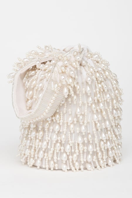 Buy Eena White Crystals, Tassels Oishi Velvet Embroidered Potli Bag Buy_Eena_White Crystals, Tassels Oishi Velvet Embroidered Potli Bag