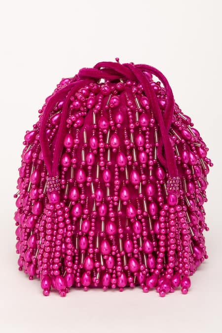 Eena_Magenta Pearl Veda Nalki Embroidered Bucket Bag _Online_at_Aza_Fashions
