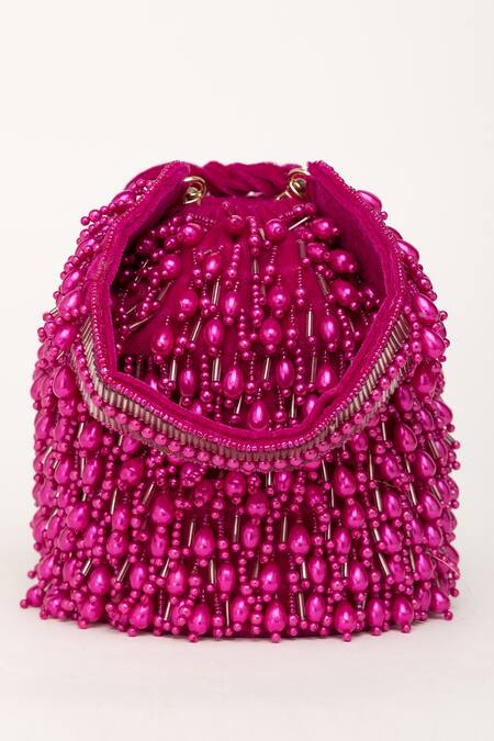 Buy_Eena_Magenta Pearl Veda Nalki Embroidered Bucket Bag _Online_at_Aza_Fashions