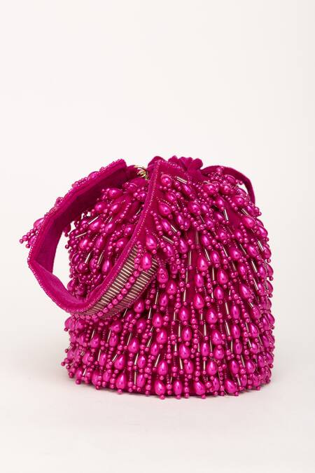 Shop_Eena_Magenta Pearl Veda Nalki Embroidered Bucket Bag _Online_at_Aza_Fashions