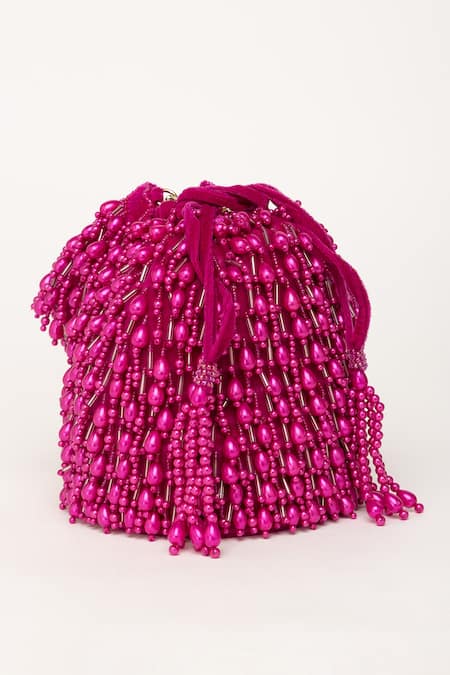 Eena_Magenta Pearl Veda Nalki Embroidered Bucket Bag _at_Aza_Fashions