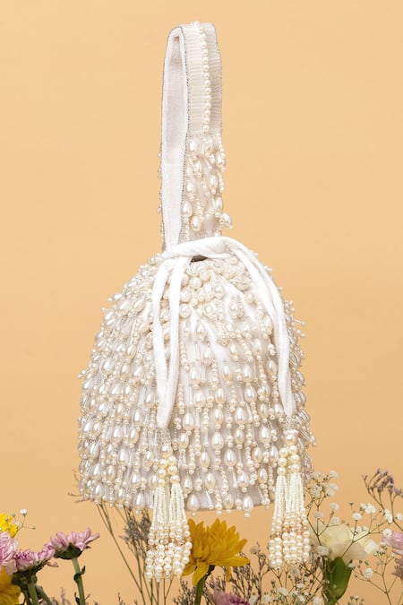 Eena_White Pearl Veda Nalki And Bead Embroidered Bucket Bag _Online_at_Aza_Fashions