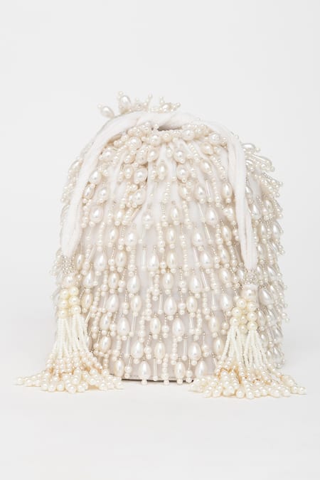 Buy_Eena_White Pearl Veda Nalki And Bead Embroidered Bucket Bag _Online_at_Aza_Fashions