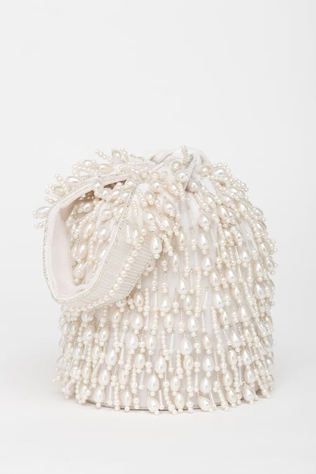 Eena_White Pearl Veda Nalki And Bead Embroidered Bucket Bag _at_Aza_Fashions